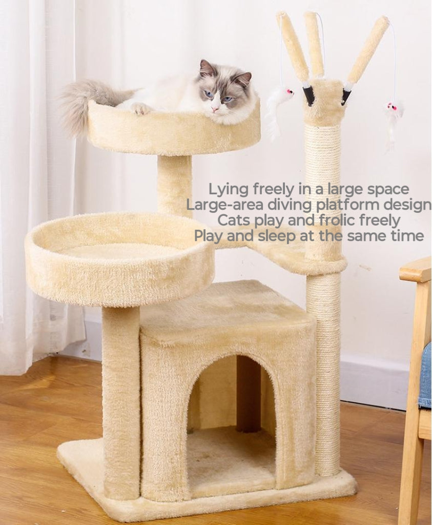 Beige multi-layer sisal multi-functional cat climbing frame; Cat scratch board Cat bed Multi-level diving platform Cat tree