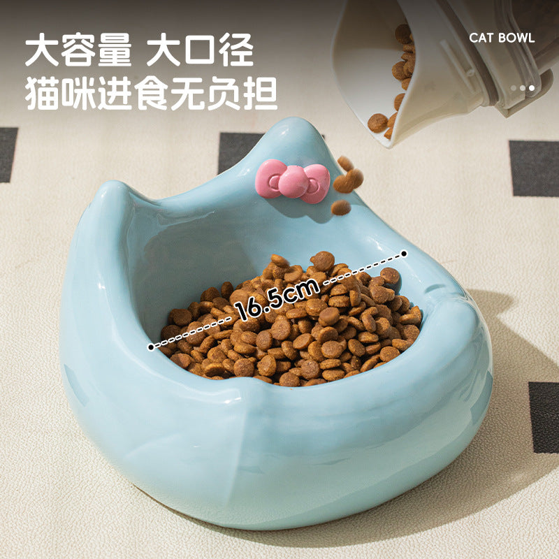 Ceramic pet feeding bowl; It can hold pet food and water. Ceramic products are heavy and not easy to be knocked over. A pet food bowl with a raised neck guard at the bottom