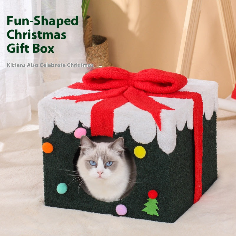 Christmas gift box cat bed;Christmas gift box cat bed; A spacious and private cat bed for winter warmth