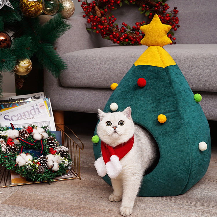 Christmas tree cat bed dog bed Winter fully enclosed cat house and small dog shelter; The Christmas doghouse can be disassembled and washed