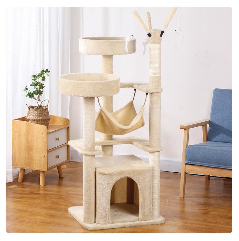 Beige multi-layer sisal multi-functional cat climbing frame; Cat scratch board Cat bed Multi-level diving platform Cat tree
