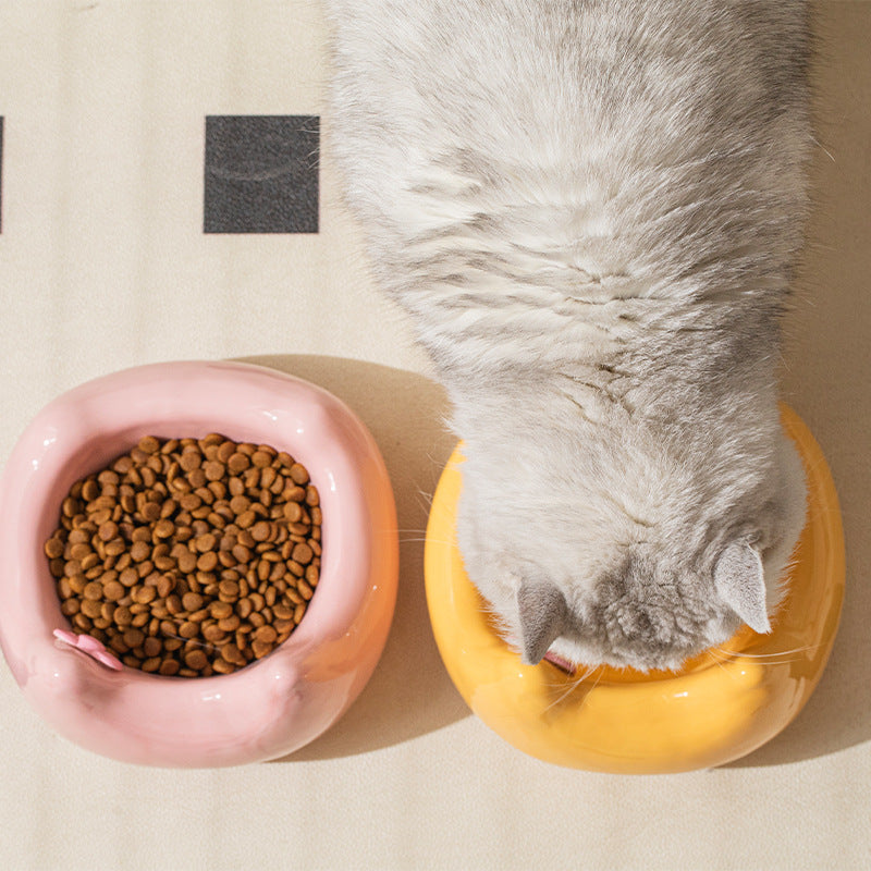 Ceramic pet feeding bowl; It can hold pet food and water. Ceramic products are heavy and not easy to be knocked over. A pet food bowl with a raised neck guard at the bottom