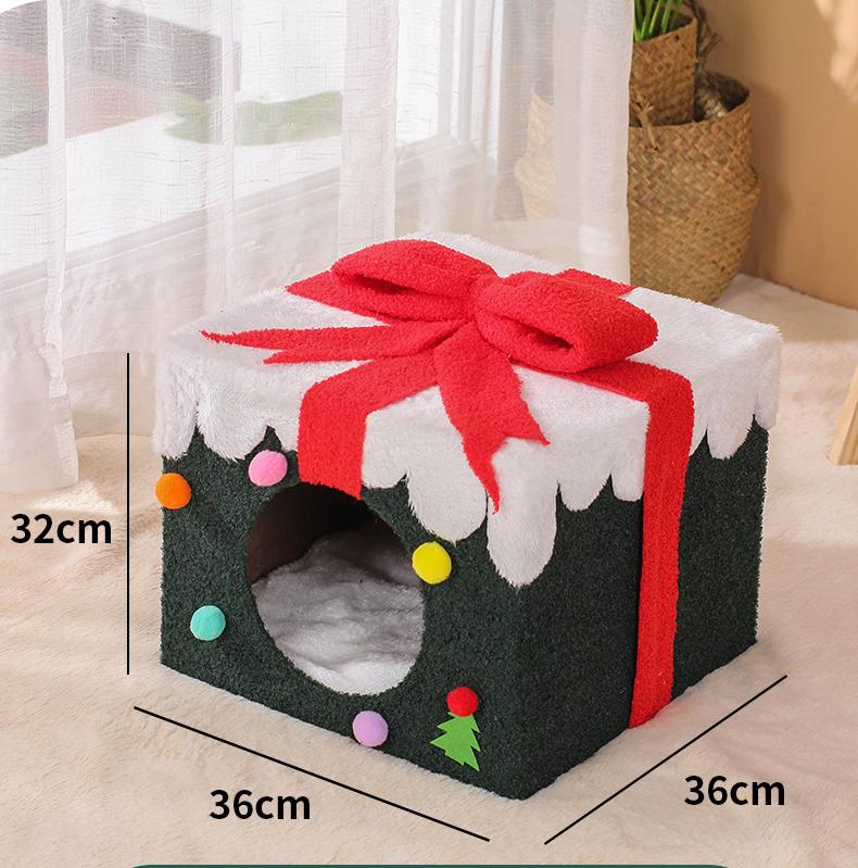 Christmas gift box cat bed;Christmas gift box cat bed; A spacious and private cat bed for winter warmth