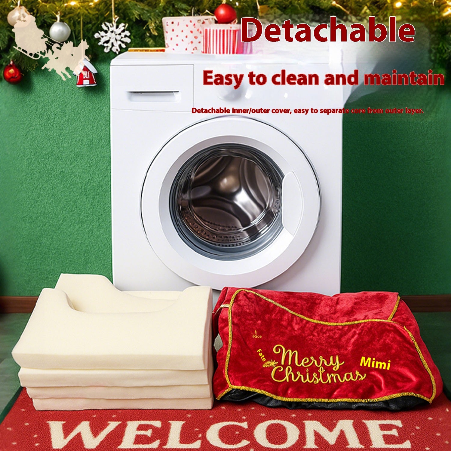 Christmas-style pet sled car bed; The detachable and washable pet dog bed is comfortable with plush