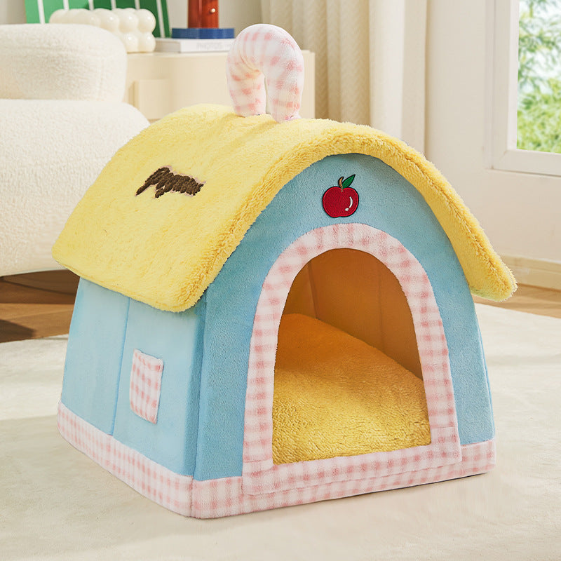 A small house-shaped pet cat bed; Luxurious villa for warmth in winter; Closed cat sleeping house;Small dog