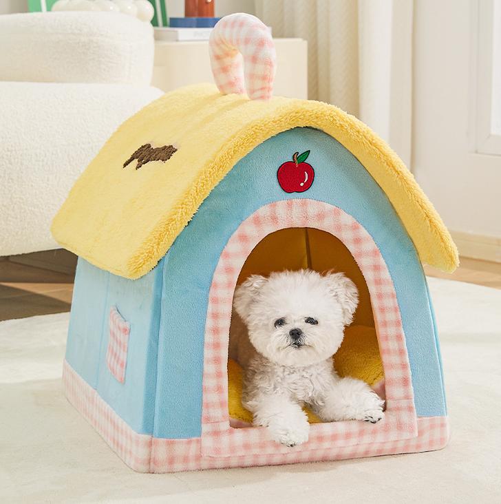 A small house-shaped pet cat bed; Luxurious villa for warmth in winter; Closed cat sleeping house;Small dog