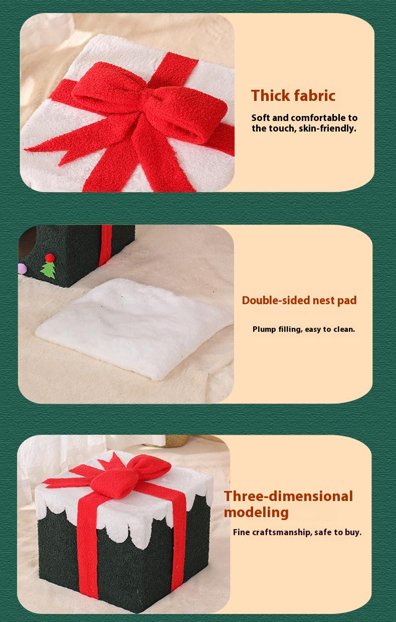 Christmas gift box cat bed；Christmas gift box cat bed; A spacious and private cat bed for winter warmth