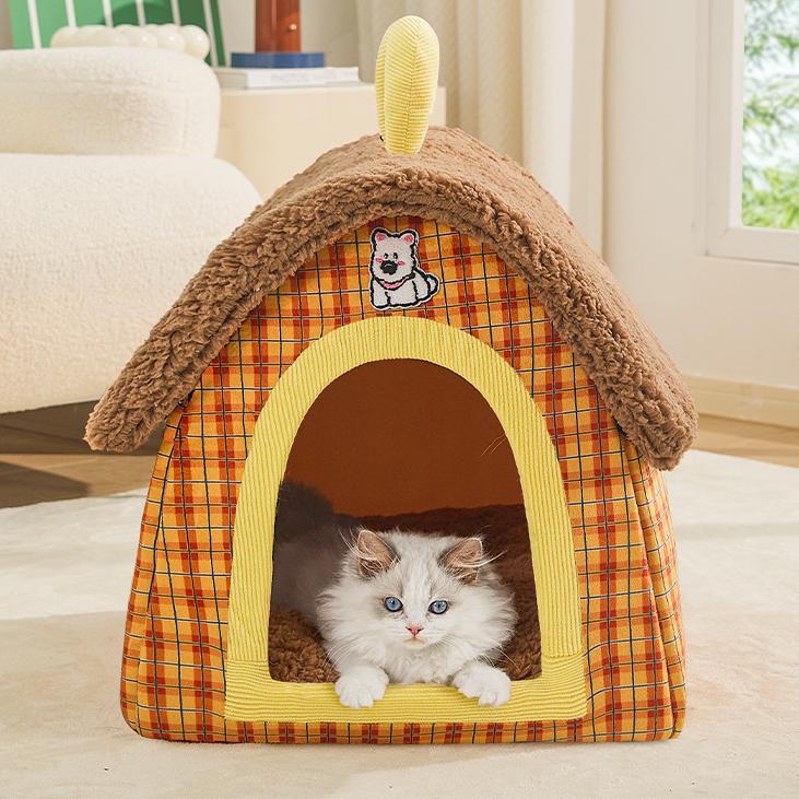 A small house-shaped pet cat bed; Luxurious villa for warmth in winter; Closed cat sleeping house;Small dog