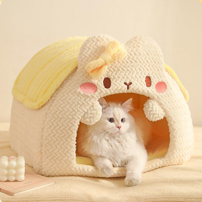 Rabbit-shaped plush pet bed; Winter warm closed cat sleeping bag; A safe bed for cats to sleep in during winter.Small dogs are available.