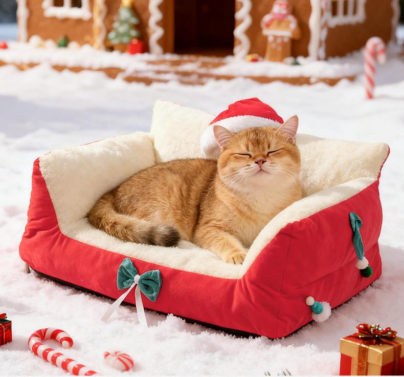 Christmas festive atmosphere cat bed A dog bed that can be disassembled and washed all year round. Thickened cat sofa Winter warm cat bed