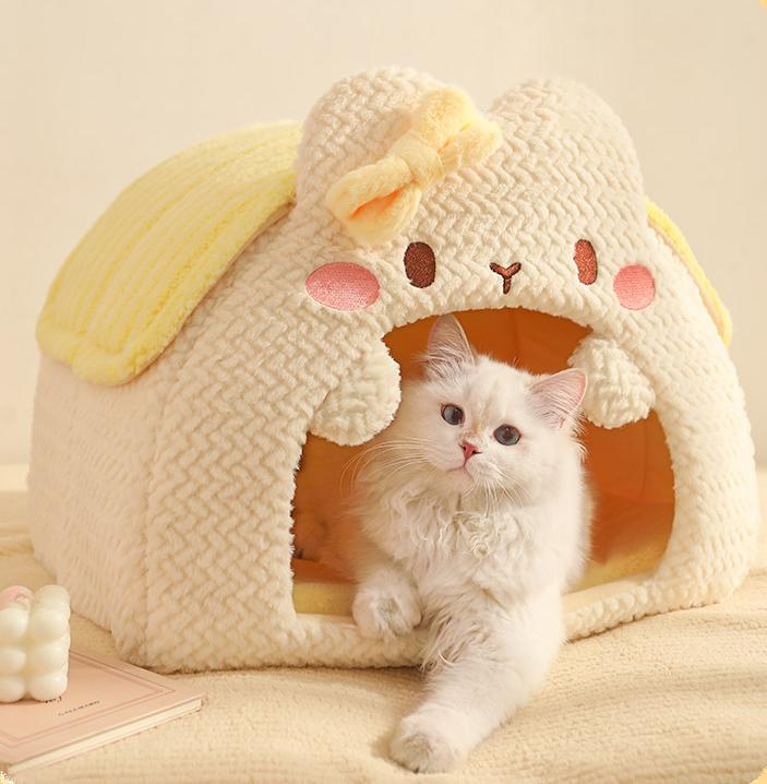 Rabbit-shaped plush pet bed; Winter warm closed cat sleeping bag; A safe bed for cats to sleep in during winter.Small dogs are available.