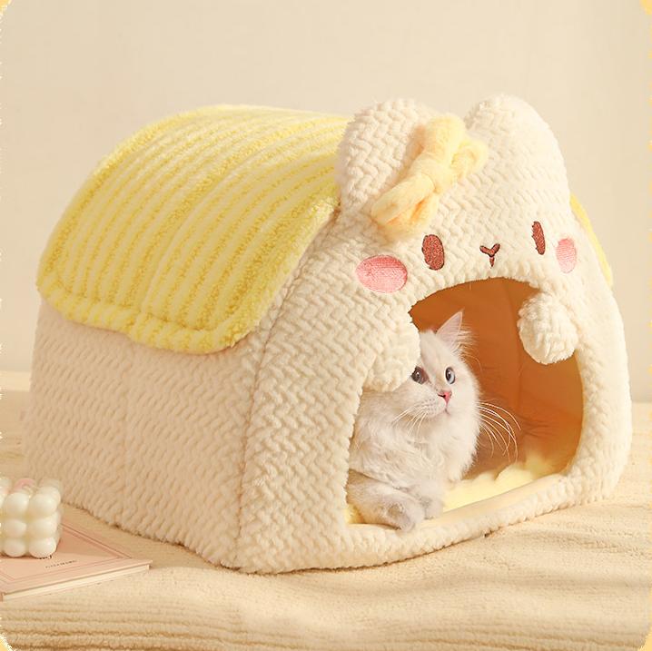 Rabbit-shaped plush pet bed; Winter warm closed cat sleeping bag; A safe bed for cats to sleep in during winter.Small dogs are available.