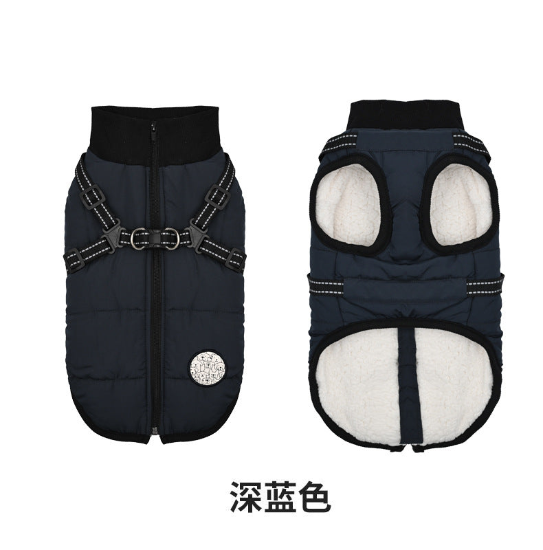 One-piece dog cotton-padded jacket for the chest and back; Autumn and winter dog cotton-padded jacket with zipper on the back; Warm and thickened chest and back one-piece design
