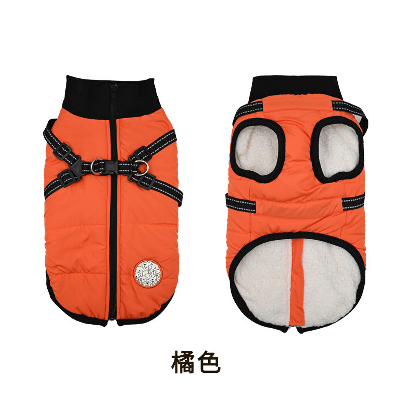 One-piece dog cotton-padded jacket for the chest and back; Autumn and winter dog cotton-padded jacket with zipper on the back; Warm and thickened chest and back one-piece design