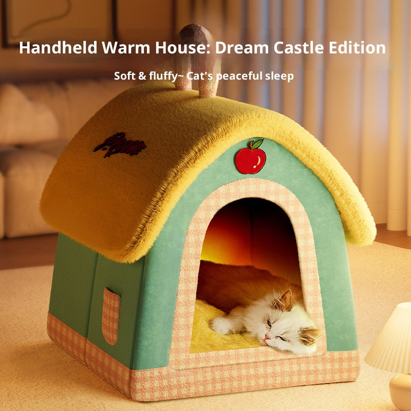 A small house-shaped pet cat bed; Luxurious villa for warmth in winter; Closed cat sleeping house;Small dog
