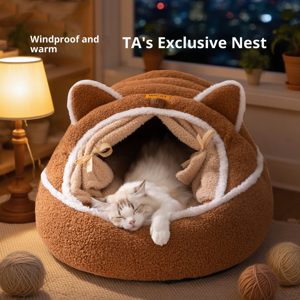 Autumn and winter plush pet bed; Cute cat ears; Warm three-dimensional enveloping style; Soft and deep sleep in dog and cat beds; Pet bed pad