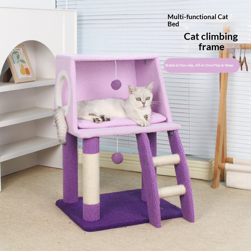 Purple multi-functional cat bed climbing frame; Integrated cat climbing frame, cat bed and cat scratch post; A small-sized apartment that doesn't take up much space and is an integrated cat toy