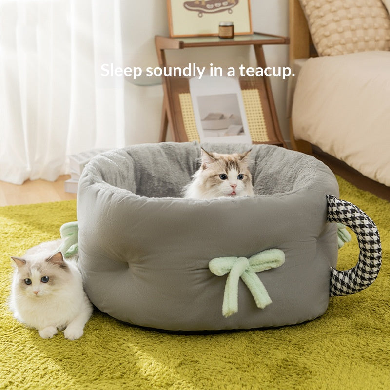 "Giant Teacup Pet Bed" Cat bed: Warm and thickened teacup bed for autumn and winter. Deep sleep doghouse Korean version Teddy Bichon pet bed for small and medium-sized dogs