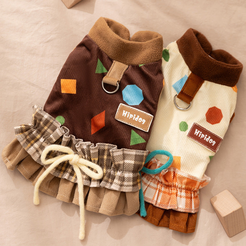 Warm corduroy princess-style cotton-padded jackets and skirts for small and medium-sized dogs in autumn and winter； Cat teddy pet dog clothes