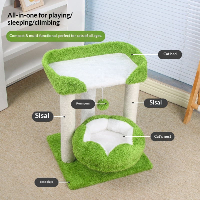 Green double-nest cat climbing frame; Sisal is resistant to scratching cats. It doesn't flake off and is easy to grip. Integrated pet supplies;