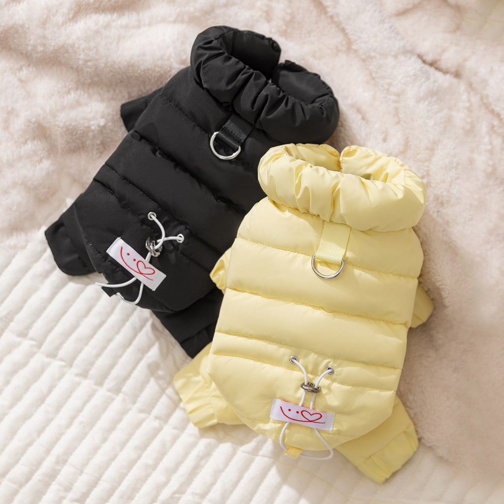 Dog down jacket with fabric label; Warm dog clothes for autumn and winter Four-legged graphene-pulled down jacket Pet clothes for small and medium-sized dogs