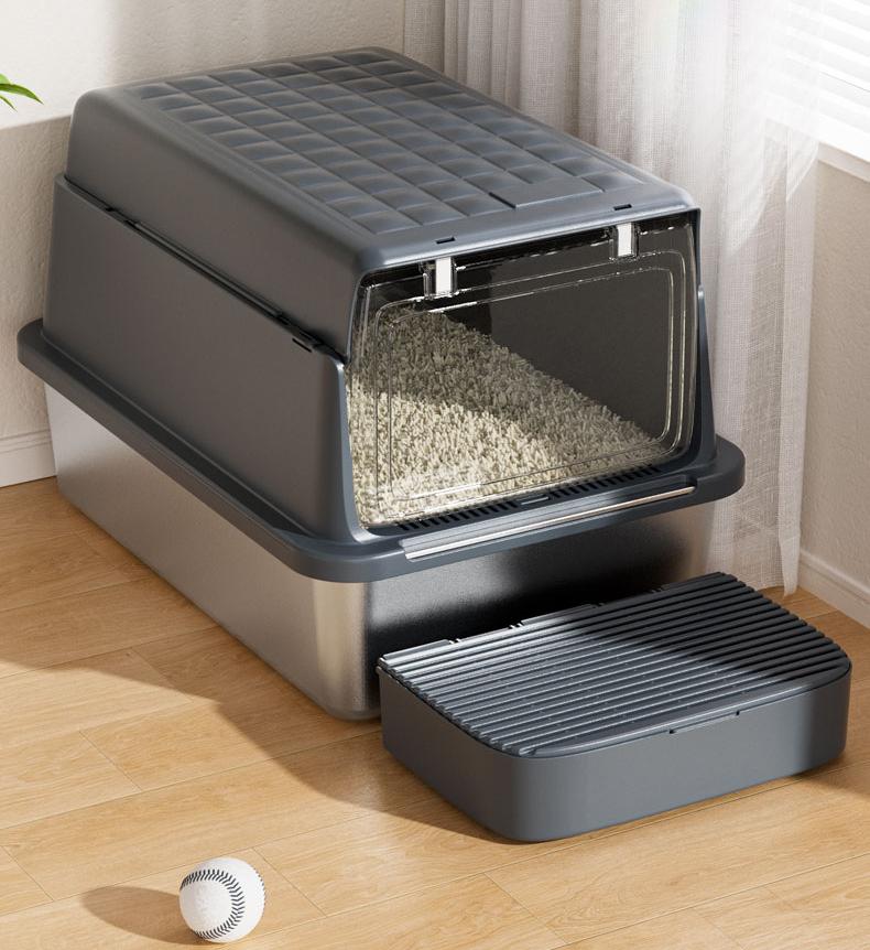 Square stainless steel cat litter box; Large-space dirt-resistant and wear-resistant cat toilet; Closed cat litter box pet supplies