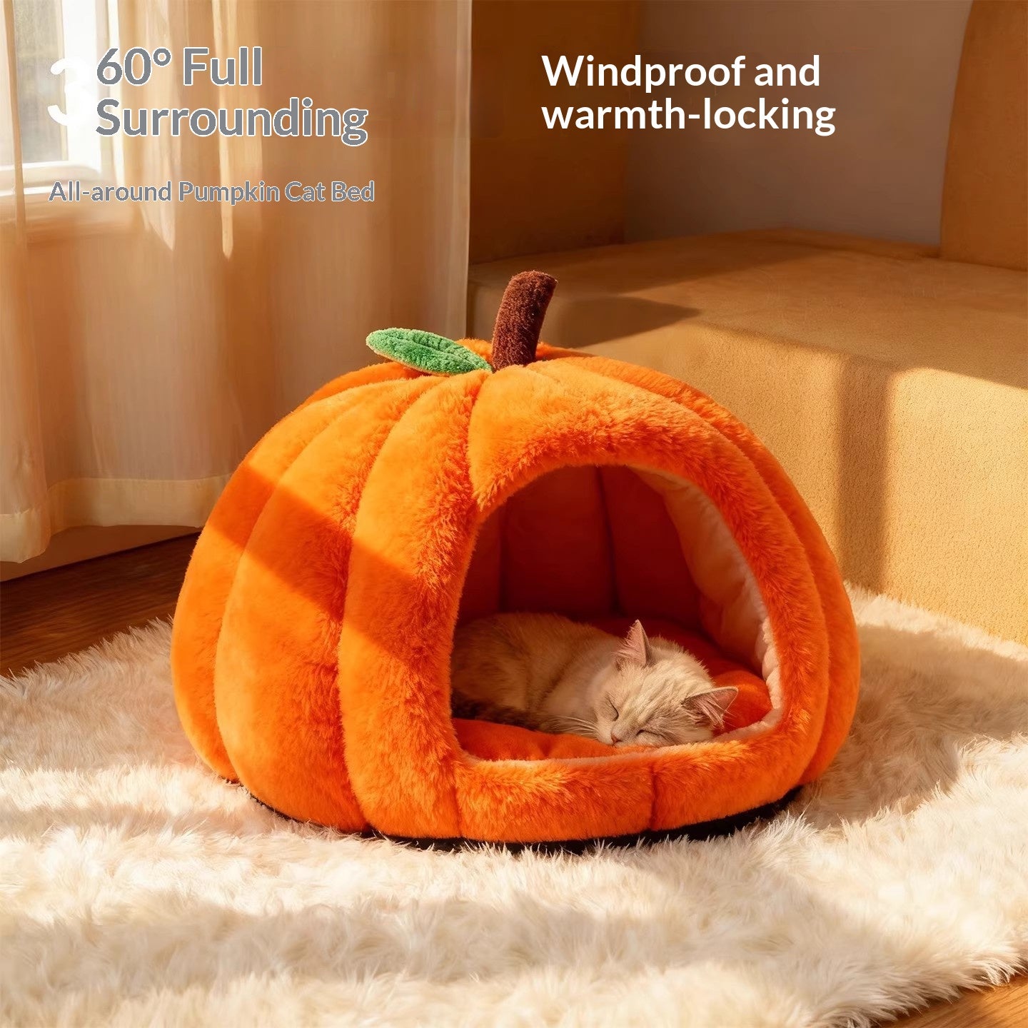 Pumpkin-shaped warm cat bed, winter warm dog bed, pet cat bed; Pet supplies for fully enclosed cat beds