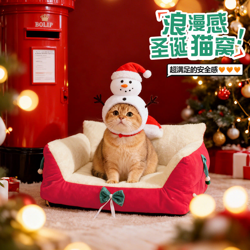 Christmas festive atmosphere cat bed A dog bed that can be disassembled and washed all year round. Thickened cat sofa Winter warm cat bed