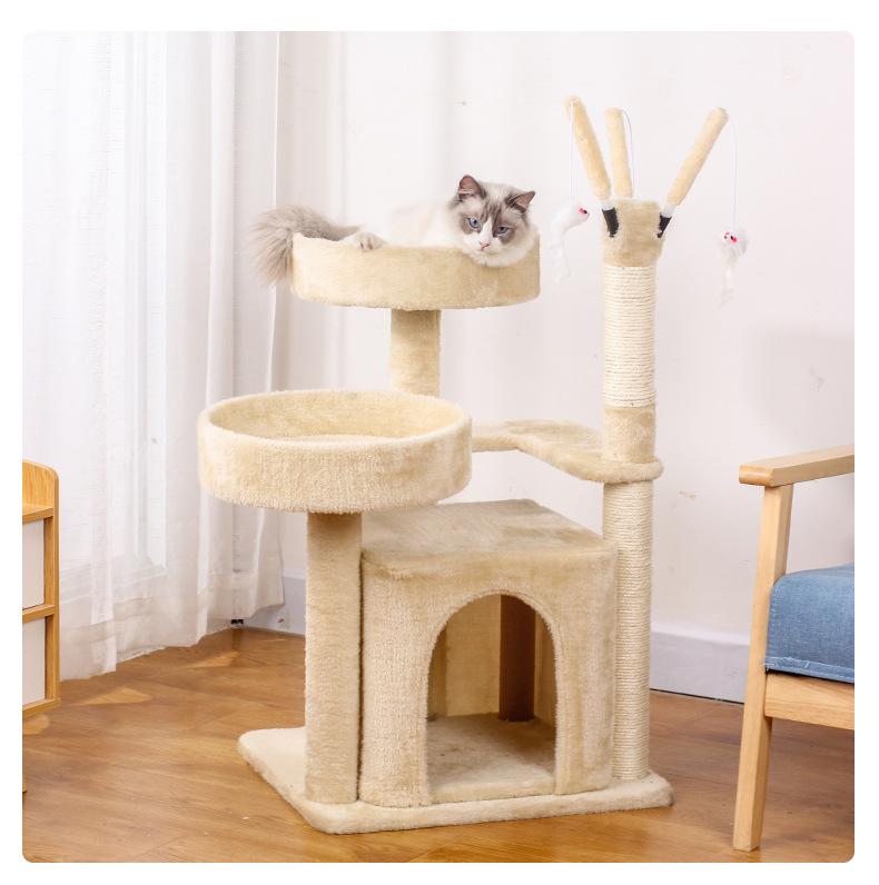 Beige multi-layer sisal multi-functional cat climbing frame; Cat scratch board Cat bed Multi-level diving platform Cat tree
