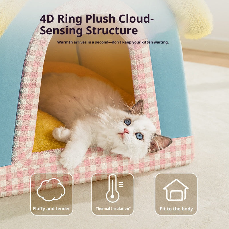 A small house-shaped pet cat bed; Luxurious villa for warmth in winter; Closed cat sleeping house;Small dog