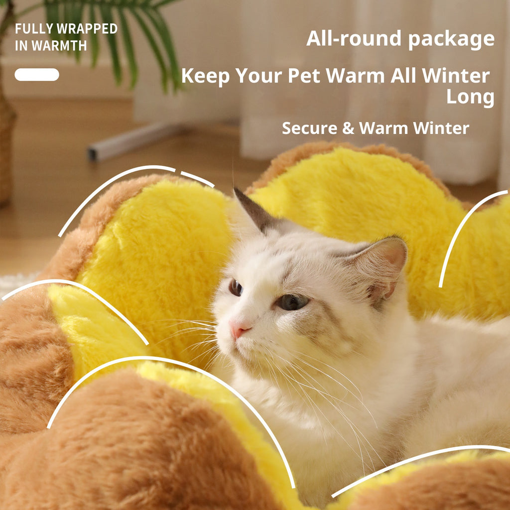 Eight-petal flower pet bed; Winter warm cat bed; Semi-enclosed rabbit plush round dog house; Washable dog sleeping pad