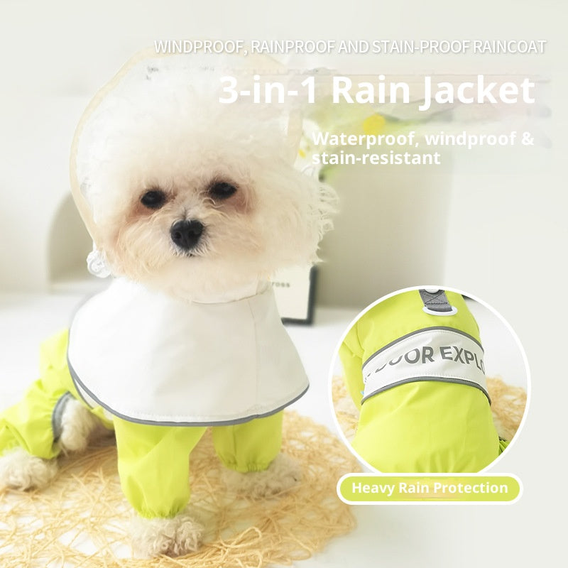 Outdoor four-legged raincoat Dog clothes, transparent raincoats and raincoats; The waterproof cap can be pulled. A small dog with a four-legged tummy