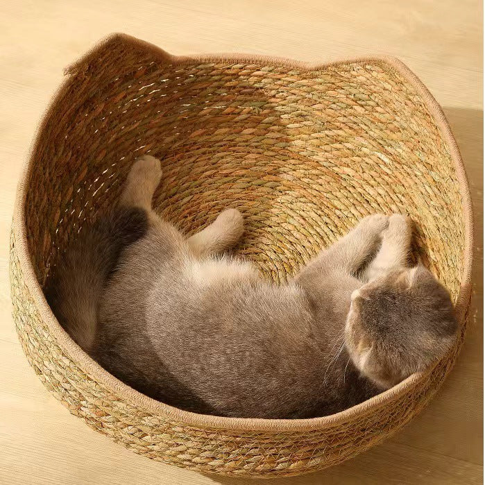 # Rattan Cat Ear Pet Bed: Suitable for all four seasons. Cat scratcher pet bed Pet cats made of rattan and straw can be disassembled and washed. Cat supplies