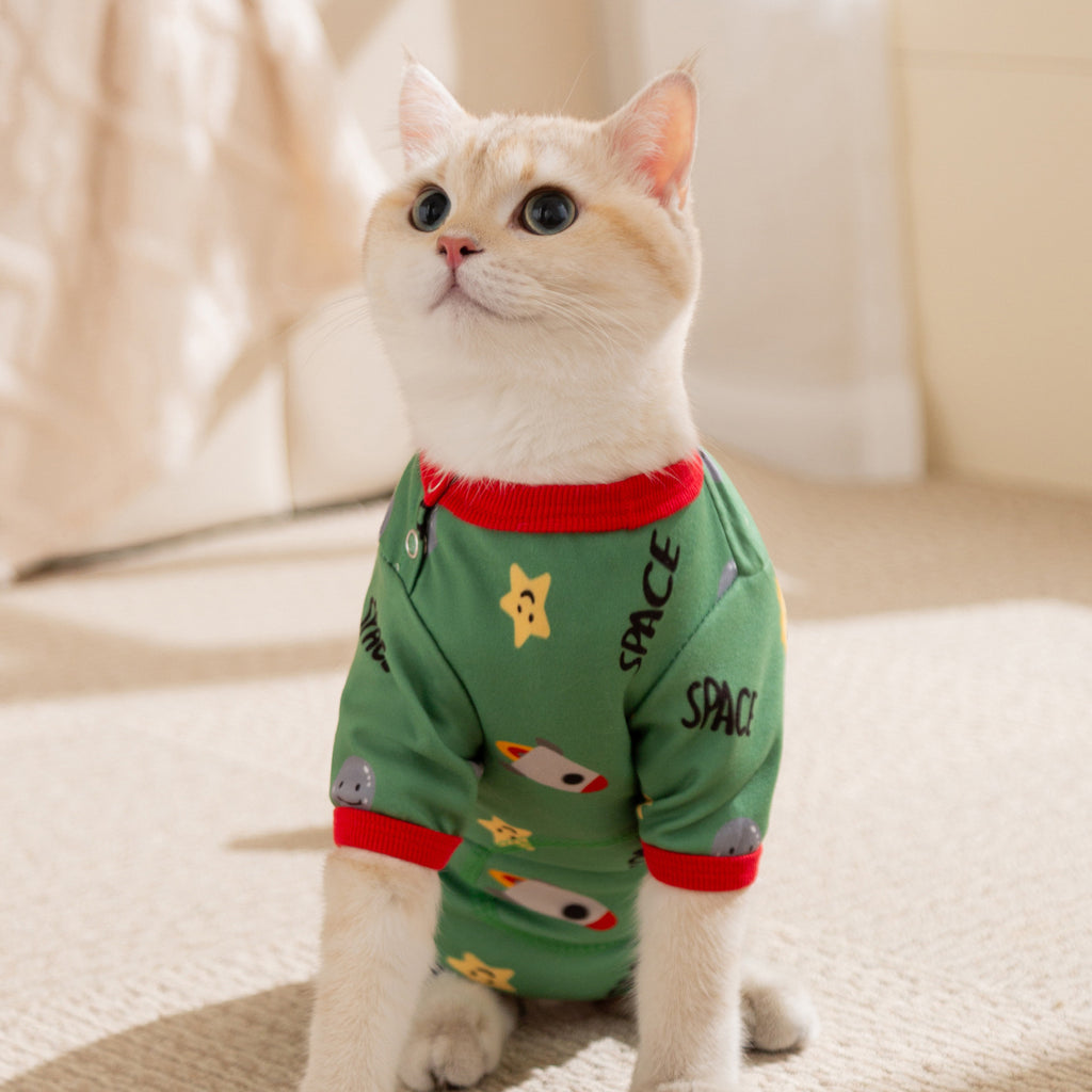 Cartoon space full-printed four-legged tummy jacket; Home clothes for cats and dogs Pet clothes for keeping warm and protecting the belly in autumn and winter