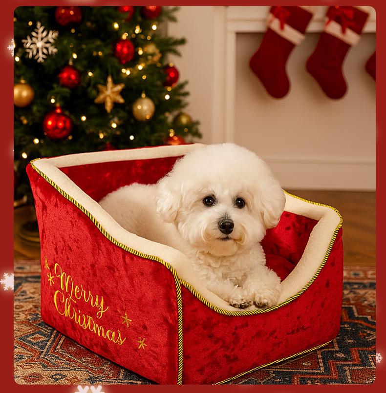 Christmas-style pet sled car bed; The detachable and washable pet dog bed is comfortable with plush
