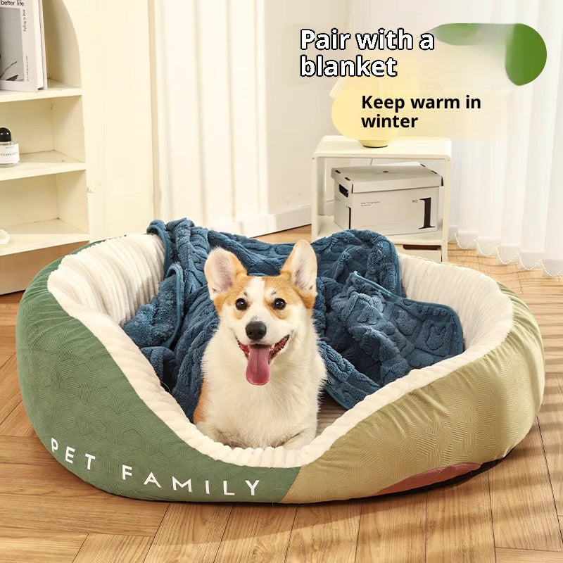 Color-blocking high-backrest dog house; Fully enclosed sofa dog bed cushion; Thick and large doghouse winter Seasonal warm pet bed