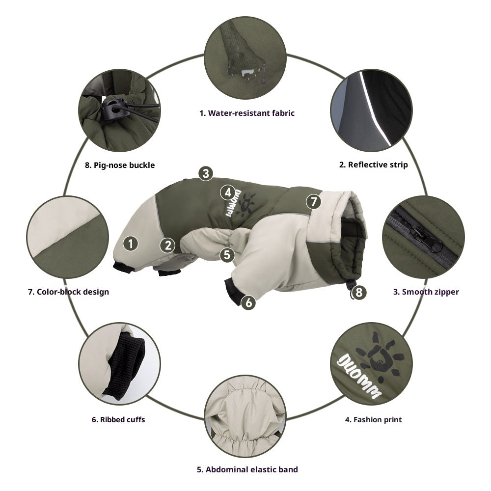 Dog autumn and winter windbreaker and cotton-padded jacket; Windproof, warm and waterproof; High-brightness and highly reflective dog cotton-padded clothing