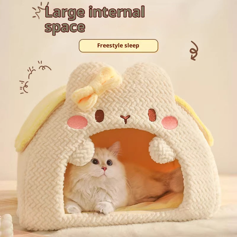 Rabbit-shaped plush pet bed; Winter warm closed cat sleeping bag; A safe bed for cats to sleep in during winter.Small dogs are available.
