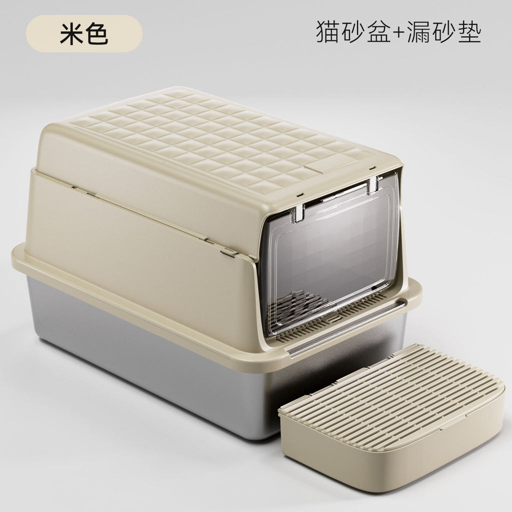 Square stainless steel cat litter box; Large-space dirt-resistant and wear-resistant cat toilet; Closed cat litter box pet supplies