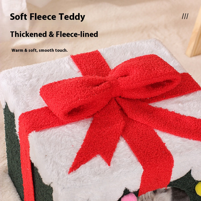 Christmas gift box cat bed；Christmas gift box cat bed; A spacious and private cat bed for winter warmth