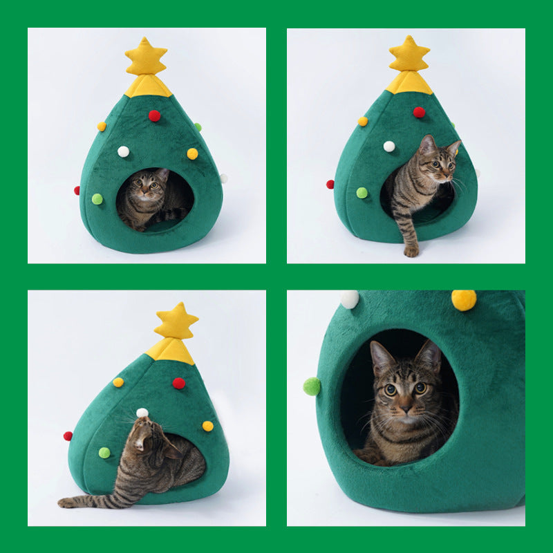 Christmas tree cat bed dog bed Winter fully enclosed cat house and small dog shelter; The Christmas doghouse can be disassembled and washed