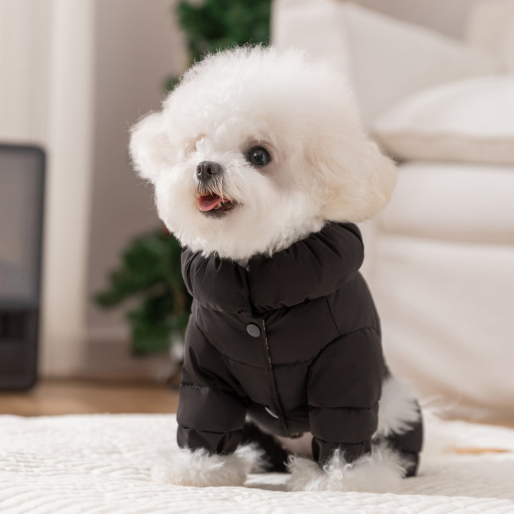 Dog down jacket with fabric label; Warm dog clothes for autumn and winter Four-legged graphene-pulled down jacket Pet clothes for small and medium-sized dogs