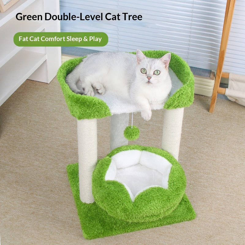 Green double-nest cat climbing frame; Sisal is resistant to scratching cats. It doesn't flake off and is easy to grip. Integrated pet supplies;