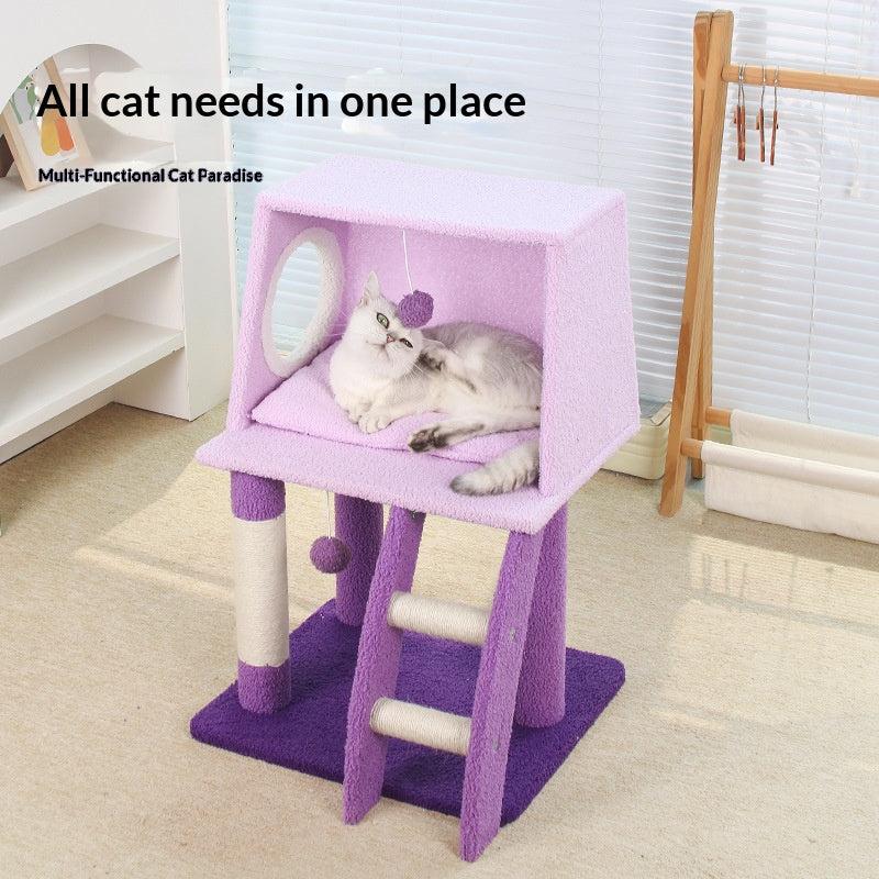 Purple multi-functional cat bed climbing frame; Integrated cat climbing frame, cat bed and cat scratch post; A small-sized apartment that doesn't take up much space and is an integrated cat toy