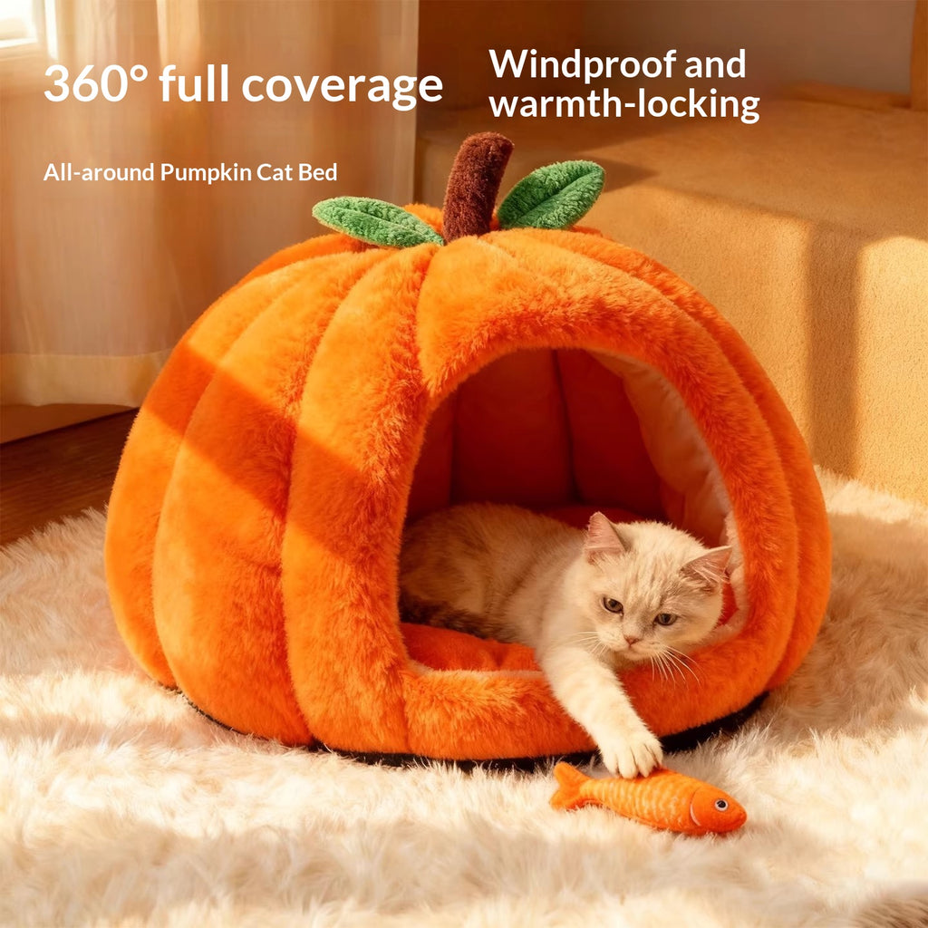 Pumpkin-shaped warm cat bed, winter warm dog bed, pet cat bed; Pet supplies for fully enclosed cat beds