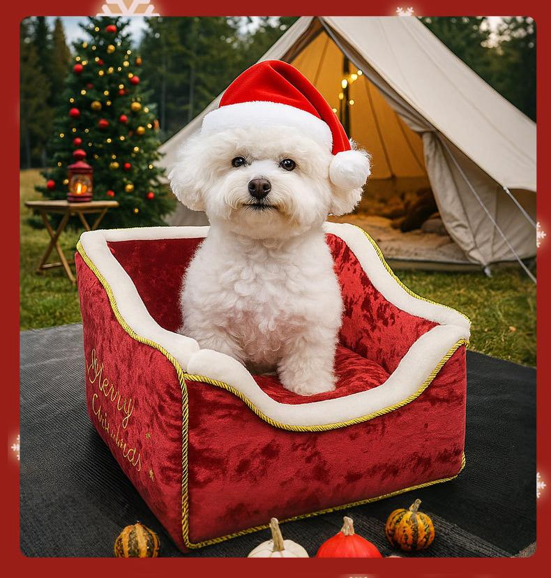 Christmas-style pet sled car bed; The detachable and washable pet dog bed is comfortable with plush