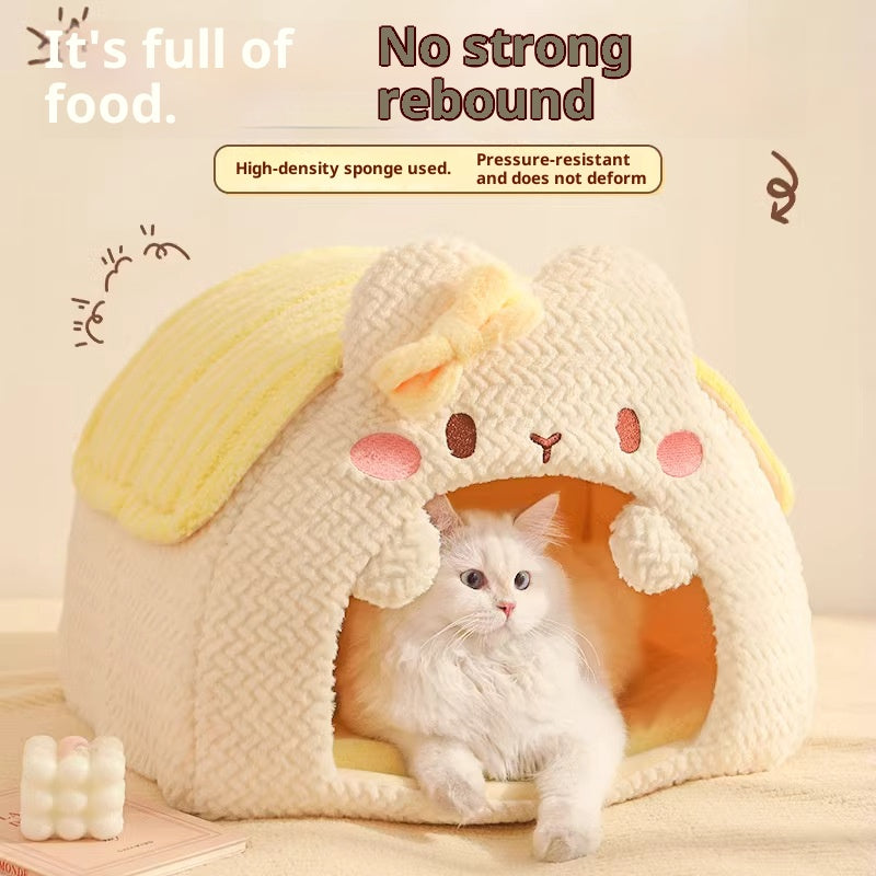 Rabbit-shaped plush pet bed; Winter warm closed cat sleeping bag; A safe bed for cats to sleep in during winter.Small dogs are available.