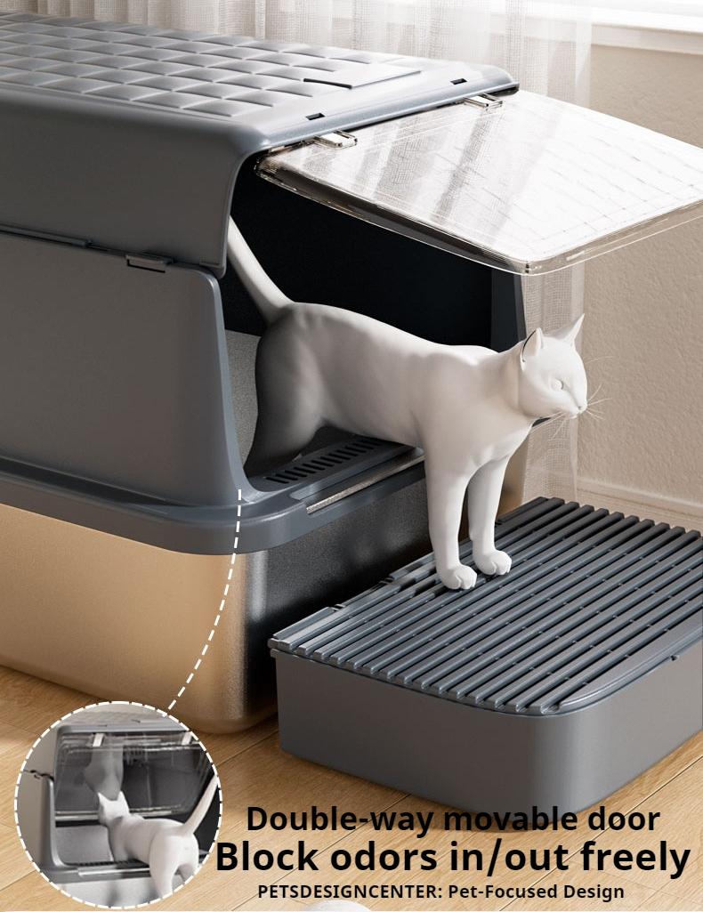 Square stainless steel cat litter box; Large-space dirt-resistant and wear-resistant cat toilet; Closed cat litter box pet supplies
