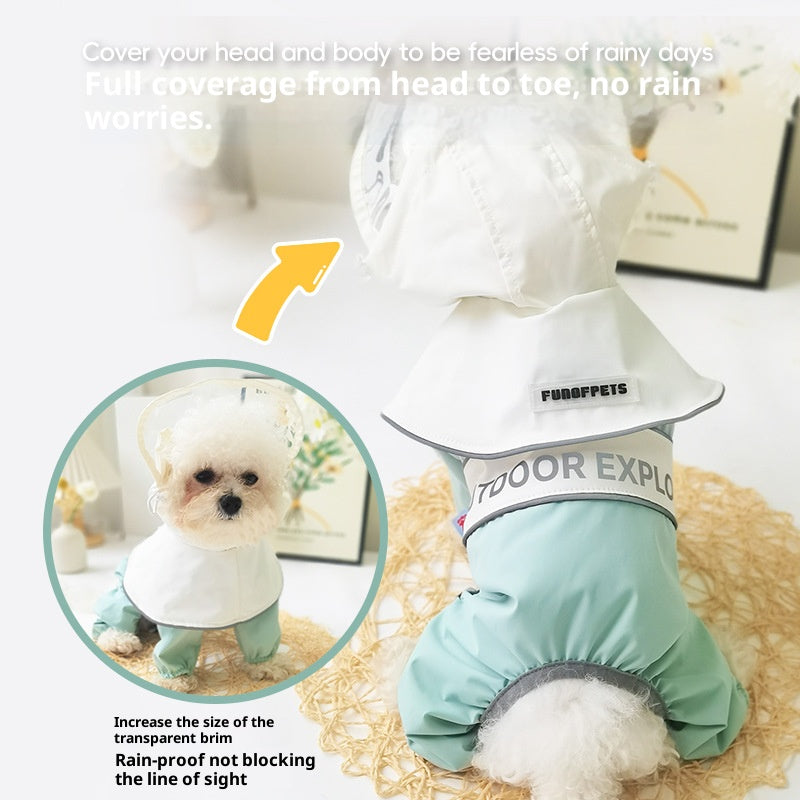 Outdoor four-legged raincoat Dog clothes, transparent raincoats and raincoats; The waterproof cap can be pulled. A small dog with a four-legged tummy