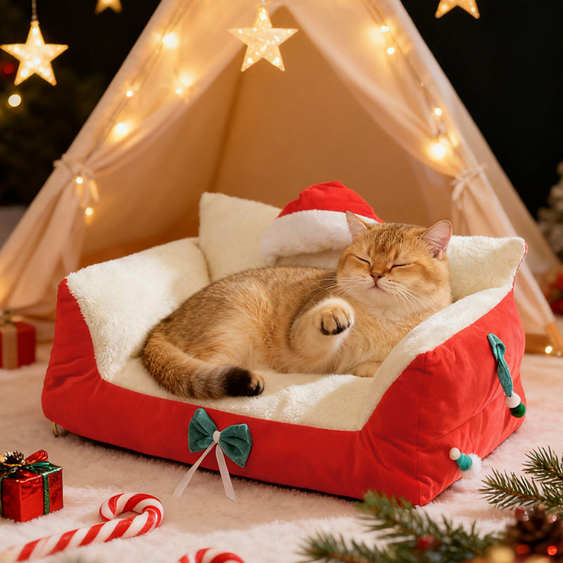 Christmas festive atmosphere cat bed A dog bed that can be disassembled and washed all year round. Thickened cat sofa Winter warm cat bed